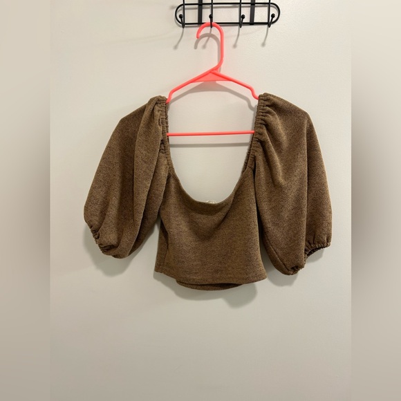 🍁Et Clet Brown Puff Sleeve Square Neck Crop Top - Picture 3 of 8